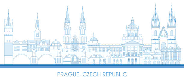 개요 프라하, 체코의 도시의 스카이 라인 파노라마 - prague czech republic church skyline stock illustrations