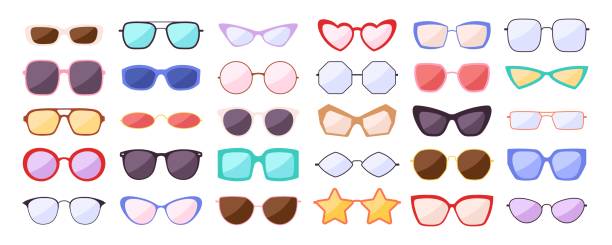 sunglasses fashion silhouette. cool kids spectacles in color rim. isolated glasses, trendy eyewear icons. racy vector stylish summer accessories - 太陽鏡 幅插畫檔、美工圖案、卡通及圖標