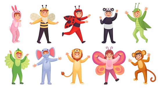 Animal cosplay. Child masquerade of animals characters, carnival costum kids dress party children wearing cute costumes mascot in action pose ingenious vector illustration of masquerade animal