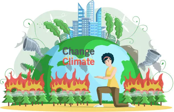 Vector illustration of Change climate ecological concept with burning coniferous forest at distance, fire destroys plants