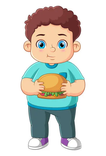 Vector illustration of Cute boy holding a big hamburger