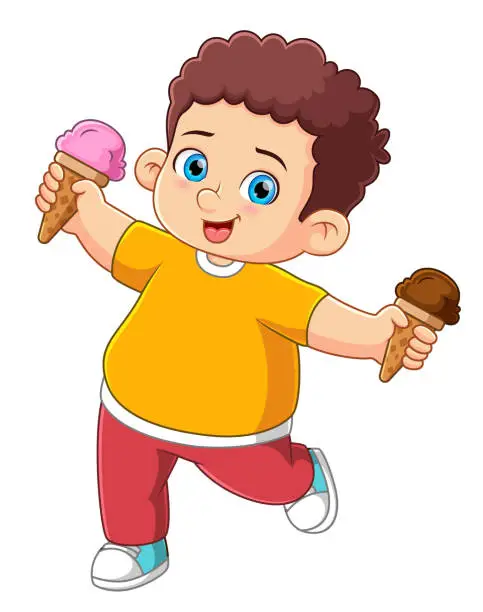 Vector illustration of Cute boy holding two ice cream