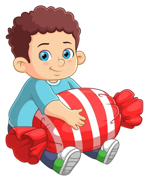 Vector illustration of Cute boy sitting and holding a big candy