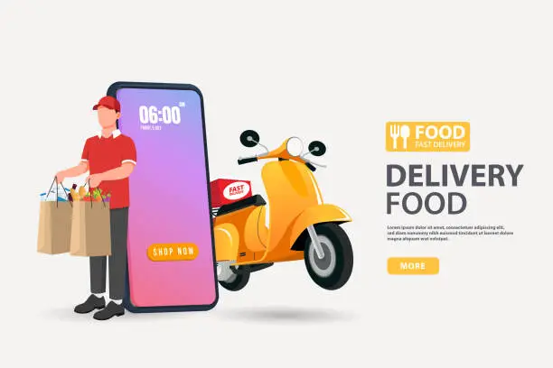 Vector illustration of Delivery food boy handing package food with seeing customer location map on mobile phone. food ordering and delivery concept with yellow scooter