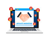 Affiliate Marketing. Advertisement and Marketing Material. Referring friends. Vector stock illustration.