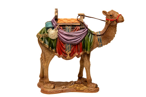 Nativity Scene: Wise men camel figurine on white background