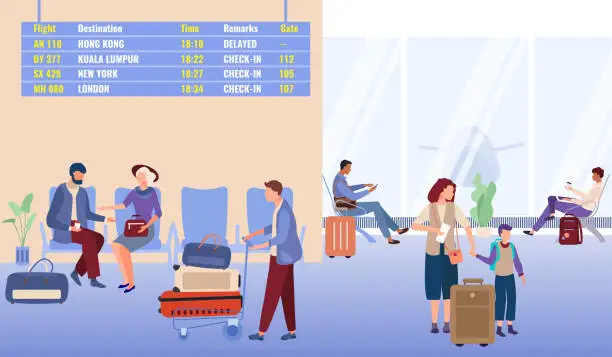 Vector illustration of Group of character people together wait departure lounge, international airport terminal flat vector illustration, check in and delay flight.