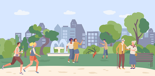 Modern young people citizen city spend time garden city, old people character stroll square flat vector illustration, urbanscape park. Concept public town fountain, rest healthy lifestyle.