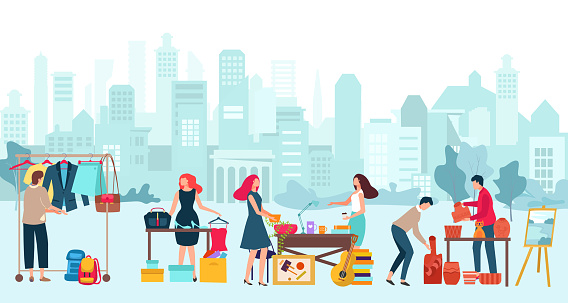 Urbanscape street flea market with clothes, stuff and different trinket, city marketplace flat vector illustration, big town view. Concept purchase and sell thing, retail square space.