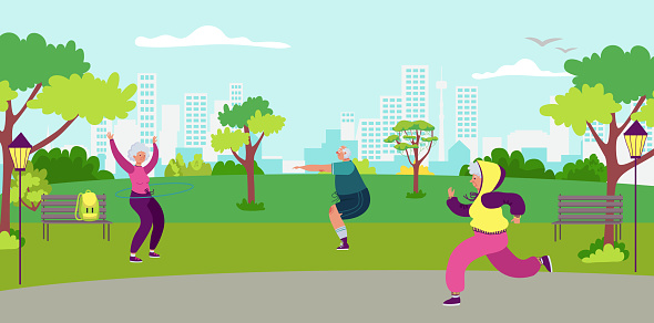Old people character together outdoor workout nation city park, elderly sport physical education flat vector illustration, urbanscape view. Concept healthy lifestyle, town parkland garden.