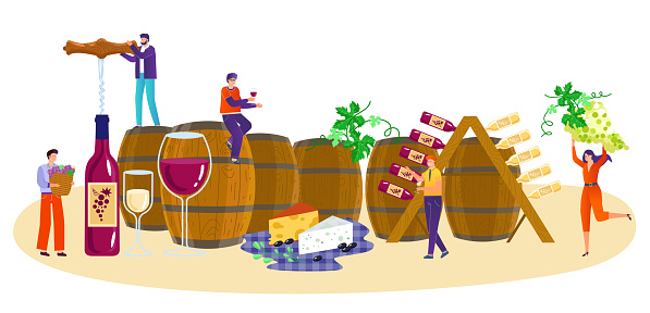 Winemaker tiny character group together process wine production alcohol drink beverage flat vector illustration, isolated on white. Concept winegrower wooden barrel, product viticulture bottle.