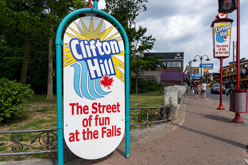 Niagara Falls, Ontario, Canada - July 1, 2022: Sign of Clifton Hill, known as the \
