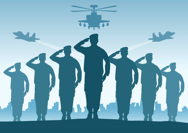 ilustraciones, imágenes clip art, dibujos animados e iconos de stock de diseño de silueta del soldado de pie y saludar - hacer el saludo militar