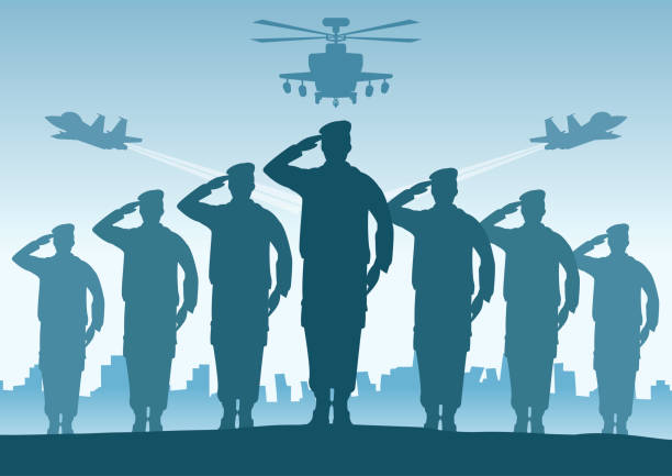 Silhouette design of soldier standing and do salute Silhouette design of soldier standing and do salute,vector illustration war zone background stock illustrations