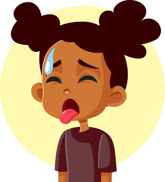 Little Girl Sweating Suffering from Excessive Heat Vector Illustration Unhappy dehydrated child feeling too hot and sweaty sad african child drawings stock illustrations