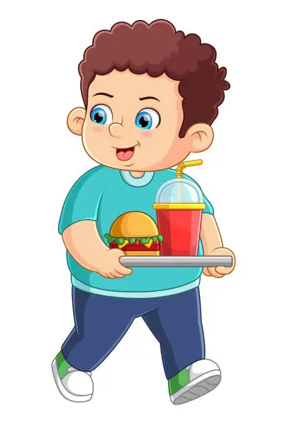 Vector illustration of Cute boy carrying and ordering junk food