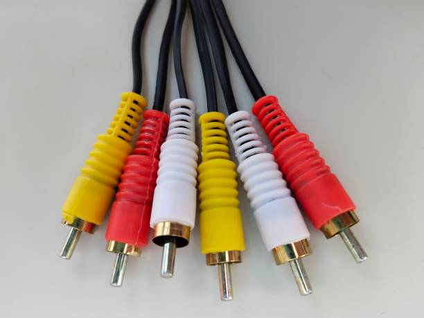 istock Audio video cable RCA to 3.5mm jack. RCA cable connector, RCA connector on white Background, Red white Yellow connector Jack, Signal cable jack, Audio and Video cable on white background. copy space, place your text 1446140481