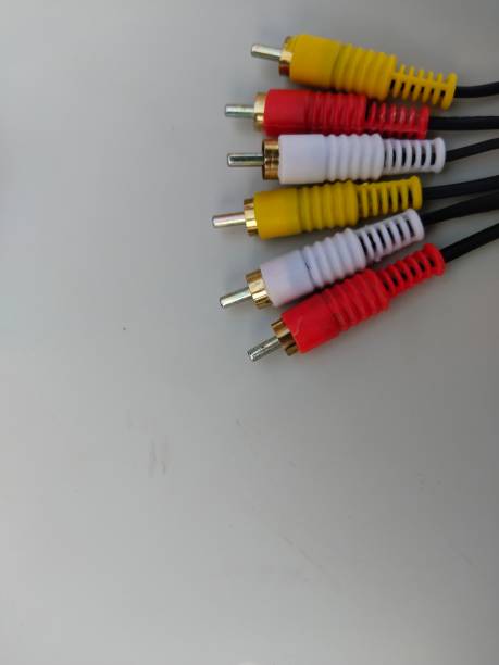 Audio video cable RCA to 3.5mm jack. RCA cable connector, RCA connector on white Background, Red white Yellow connector Jack, Signal cable jack, Audio and Video cable on white background. copy space, place your text