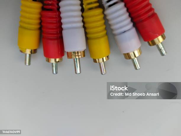 Close Up Audio Video Cable Rca To 35mm Jack Rca Cable Connector Rca Connector On White Background Red White Yellow Connector Jack Signal Cable Jack Audio And Video Cable On White Background Stock Photo - Download Image Now