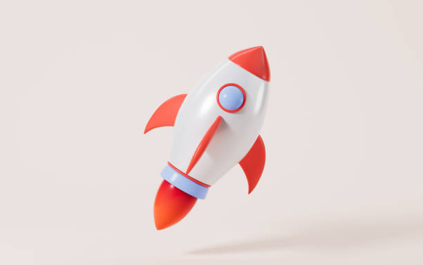 istock Cartoon rocket launching scene on the yellow background, 3d rendering. 1446151177
