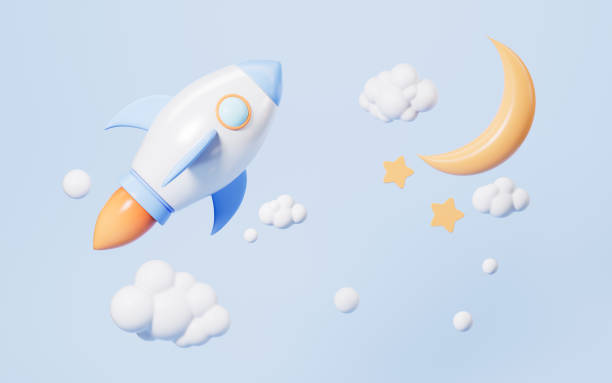 istock Cartoon rocket launching and moon on the blue background, 3d rendering. 1446151180