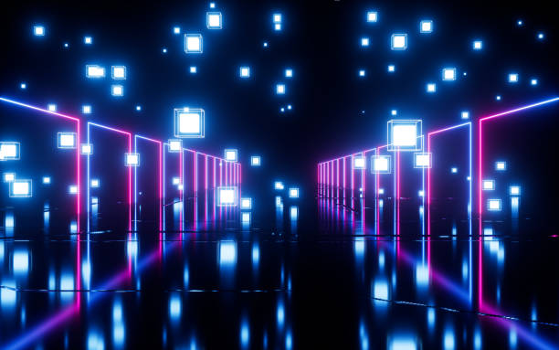 istock Glowing cubes and neon lines, neon tunnel and materials, 3d rendering. 1446151210