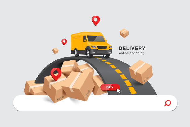stockillustraties, clipart, cartoons en iconen met yellow delivery van is parked on the road and below are stacked parcel boxes or cardboard - toeleveringsketen