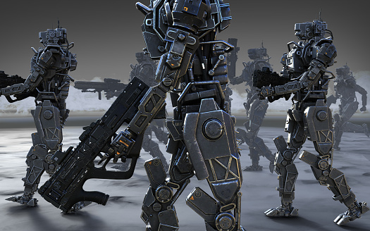 3d Illustration of a group cyborgs mission. Invasion of military robots warfare.