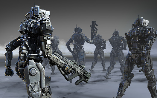 3d Illustration of a group cyborgs mission. Invasion of military robots warfare.