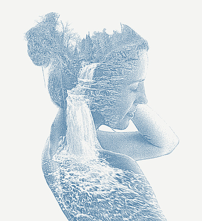 Mezzotint Multiple Exposure of young woman and waterfall