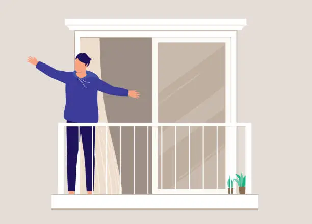 Vector illustration of Man With Arms Outstretched Standing Outside The Balcony House.