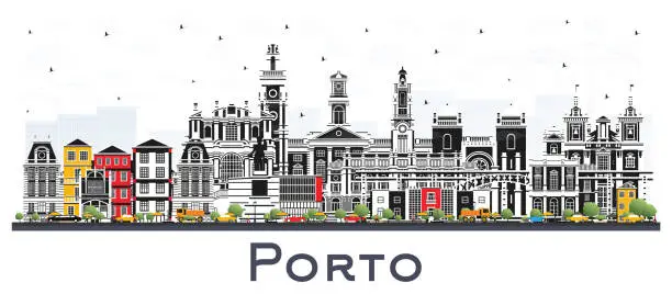 Vector illustration of Porto Portugal City Skyline with Color Buildings Isolated on Whte.