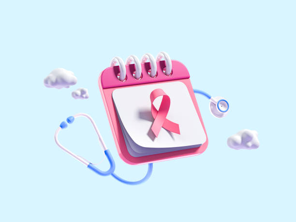 breast cancer awareness concept. top view icon of pink ribbon calendar and stethoscope on bicolor pastel blue and white background. 3d render - appointment reminder doctor calendar imagens e fotografias de stock