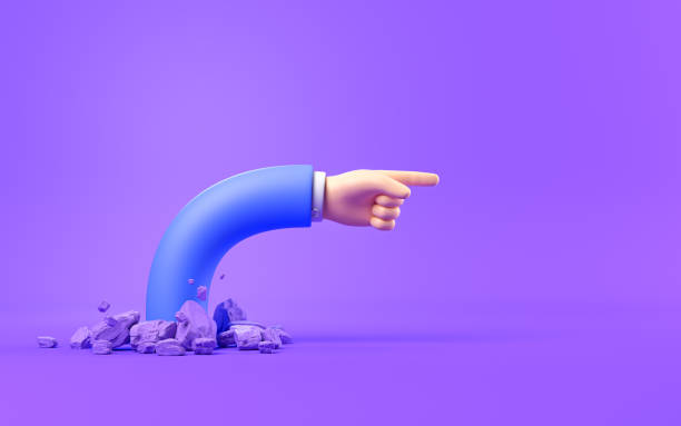 istock 3d render, funny cartoon character elastic manager hand with pointing finger shows direction. Broken floor. Clip art isolated on violet background 1446161155