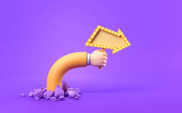 3d render, funny cartoon character hand in yellow sleeve, hand with arrow sign to blank banner with copy space, purple background. Advertisement poster mockup, attention concept