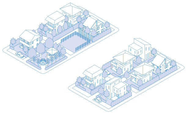 illustrations, cliparts, dessins animés et icônes de illustration en trois dimensions d’un bâtiment. vue sur le paysage urbain. illustration de dessin au trait. - detached house illustrations