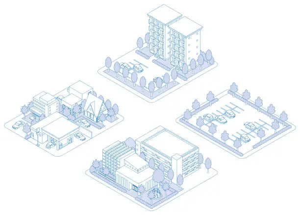 Vector illustration of A three-dimensional illustration of a building. Cityscape view. Line drawing illustration.