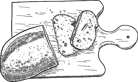 Sourdough Bread sliced on wooden plate Food Illustration Hand drawn line art