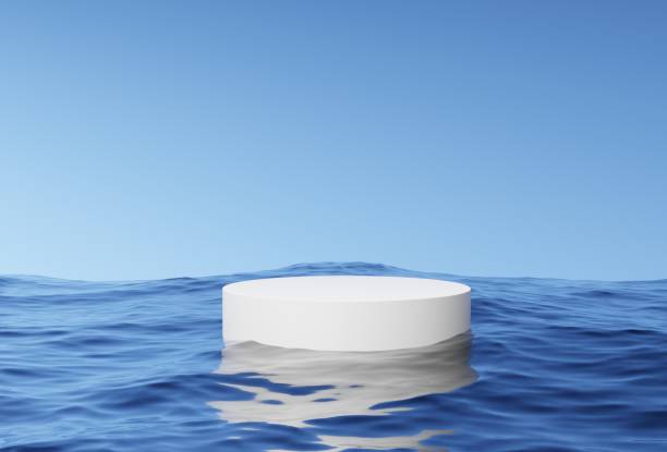 White podium in blue water, empty pedestal cylinder for presentation. 3D rendering.