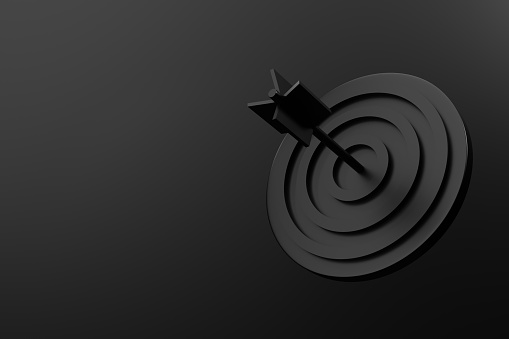 Black background with arrow hit target in center, concept of targeting marketing, financial and business success, winning competition and achieving goal. 3D rendering
