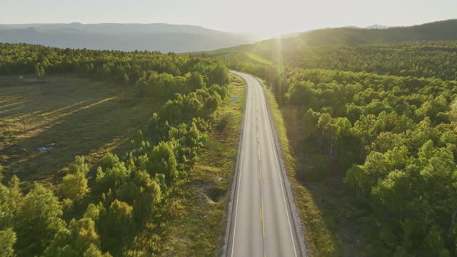 Scenic aerial view of road through Norwegian highlands
