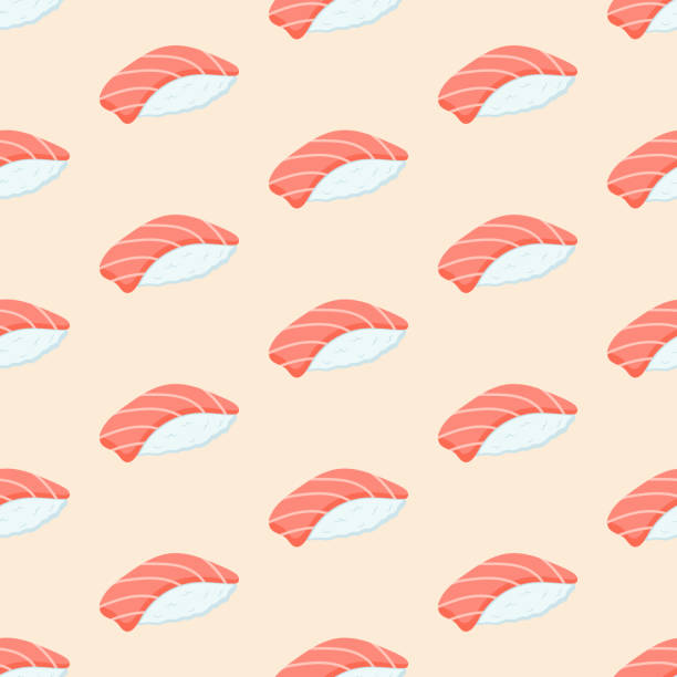 ilustraciones, imágenes clip art, dibujos animados e iconos de stock de patrón sin costuras con sushi con atún - sashimi