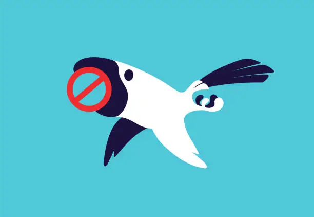 Vector illustration of parrot flying and holding prohibition sign
