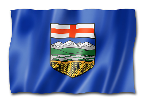 Alberta province flag, Canada waving banner collection. 3D illustration