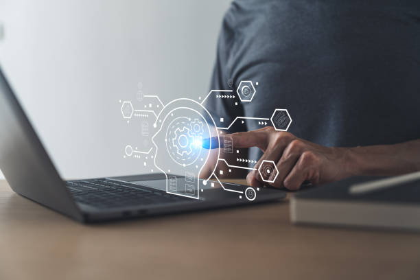 istock Businessman working or student studying by using laptop. Business or education intelligence workflow. Strategy planning and data and information analysis. Knowledge and cognition learning online 1446169037