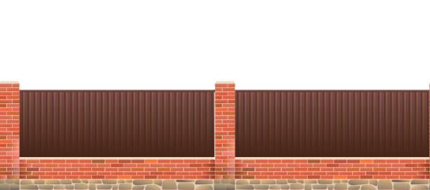 istock Iron fence with plastered brick pillars and stone foundation. Horizontal seamless design. Isolated on white background Vector. 1446169384