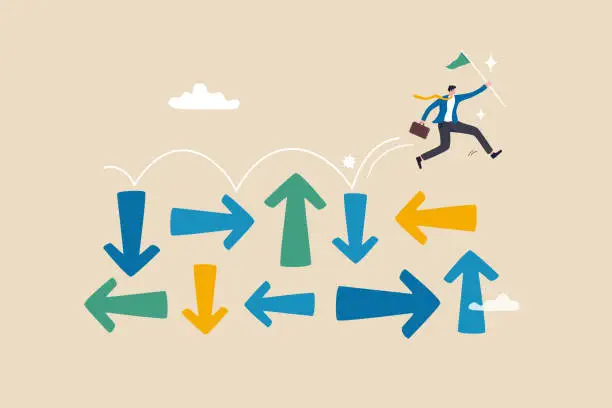 Vector illustration of Overcome uncertainty, make decision or determination to achieve success, adversity or courage to solve problem or difficulty concept, businessman jumping on uncertainty random direction arrows.