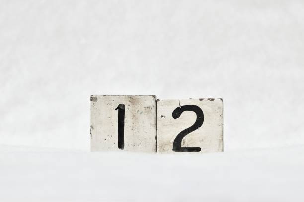 12 retro wooden block calendar number on white snow background, copy space for text. Save the date for birthday, anniversary, special day or occasion