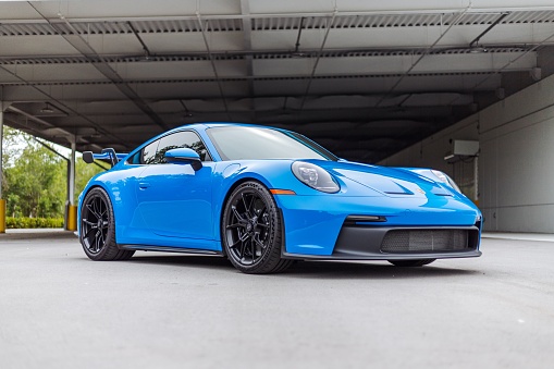 Clearwater, United States – June 05, 2022: A fast Porsche GT3 992 911 Carrera shark blue sports car