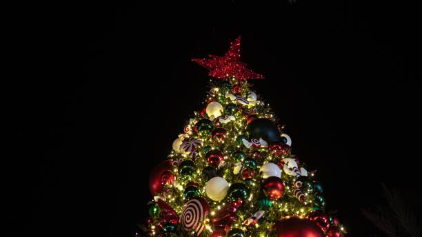 istock High decorated Christmas with illuminated balls and top red star under black sky 1446172612